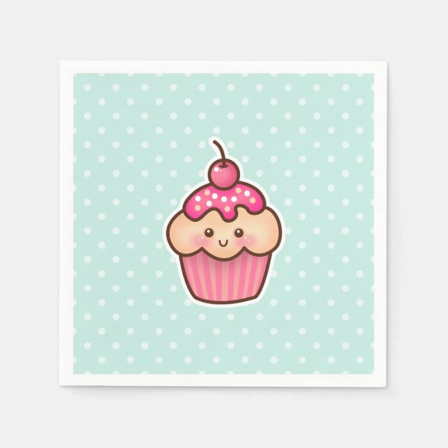 Kawaii Pink Cupcake und Niedlich Mint Blue Polka D Serviette (Vorderseite)