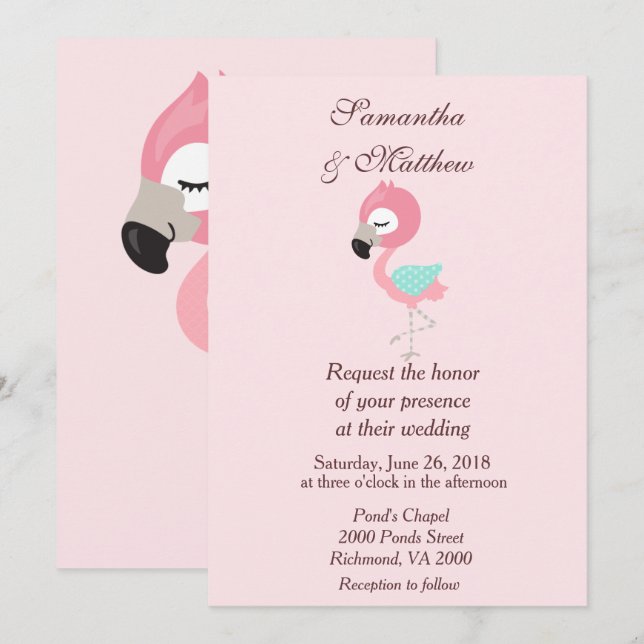 Kawaii Pink Flamingo Wedding Einladung (Vorne/Hinten)