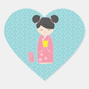 Kawaii Pink Kokeshi Herz-Aufkleber