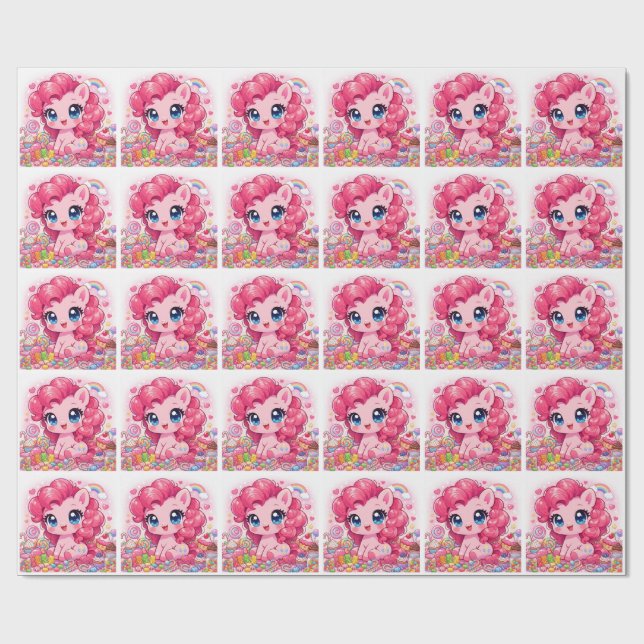 Kawaii Pink Pony Chibi Kunst Geschenkpapier (Flach)