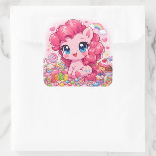 Kawaii Pink Pony Chibi Kunst – Süßigkeiten & Cupca Quadratischer Aufkleber