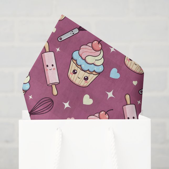 Kawaii Pink Purple Cupcake Pink Checkered Seidenpapier (Geschenktüte)