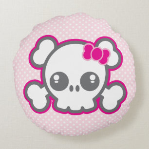 Kawaii Pink Ribbon Skull Round Pillow Rundes Kissen