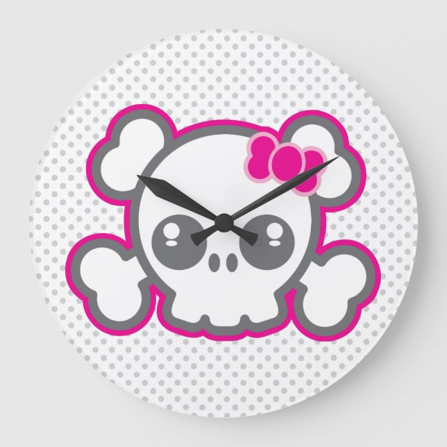 Kawaii Pink Ribbon Skull Wall Clock Große Wanduhr (Vorderseite)