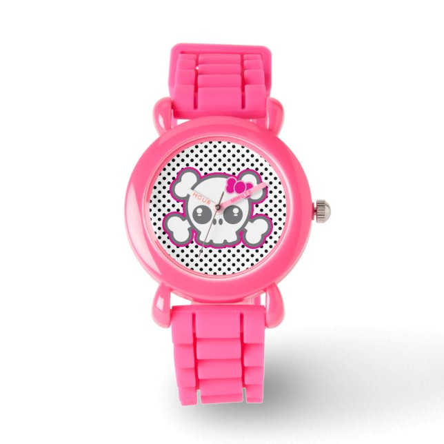 Kawaii Pink Ribbon Skull Watch Armbanduhr (Vorderseite)