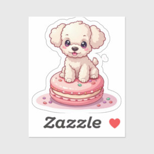 Kawaii Poodle sitzt auf Macaron Aufkleber
