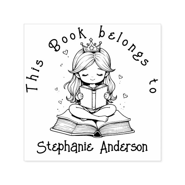 Kawaii Princess Book Reading Crown Hearts Library Permastempel (Design)