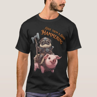 Kawaii-Pug in Rüstung reitet auf einem Schwein mit T-Shirt