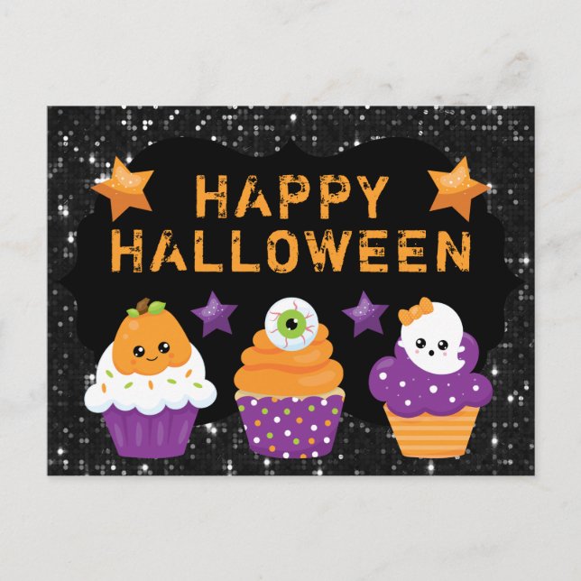Kawaii Pumpkin Eyeball Ghost Cupcakes Halloween Postkarte (Vorderseite)