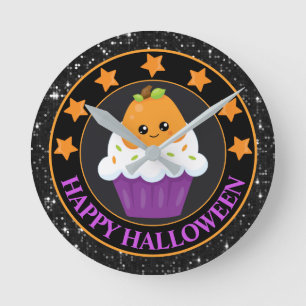 Kawaii Pumpkin Halloween Cupcake Runde Wanduhr