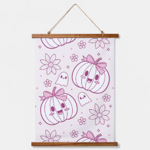 Kawaii Pumpkins, Geister und Blume Wandteppich Mit Holzrahmen