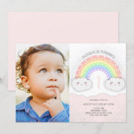 Kawaii Rainbow & Clouds Girl Birthday Foto Einladung