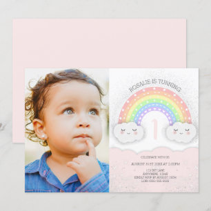 Kawaii Rainbow & Clouds Girl Birthday Foto Einladung