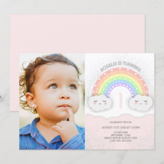 Kawaii Rainbow & Clouds Girl Birthday Foto Einladung