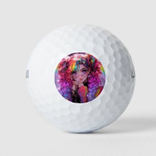 Kawaii Rainbow Hair Braids Anime Girl Golfball