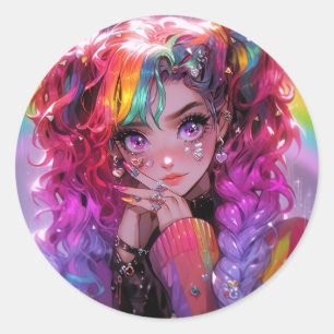 Kawaii Rainbow Hair Braids Anime Girl Runder Aufkleber