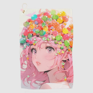 Kawaii Rainbow Pastel Candy Mushroom Anime Girl Golfhandtuch