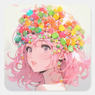 Kawaii Rainbow Pastel Candy Mushroom Anime Girl Quadratischer Aufkleber