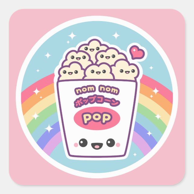 Kawaii Rainbow Popcorn Quadratischer Aufkleber (Vorderseite)
