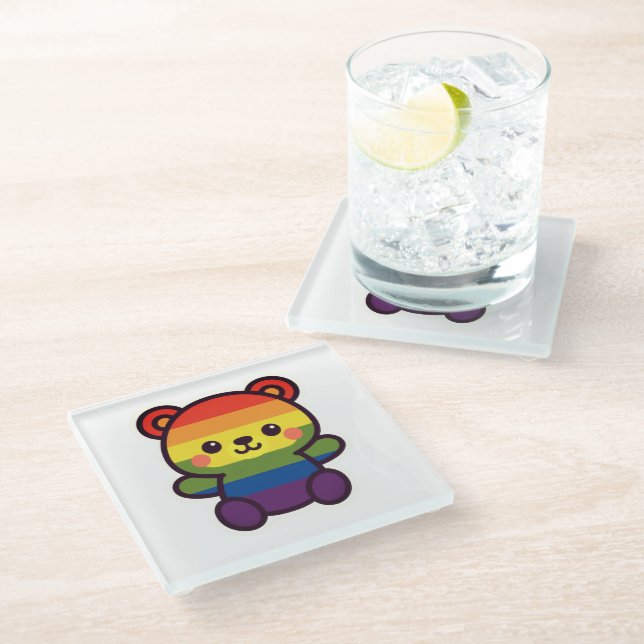 Kawaii Rainbow Teddy - Ein Niedlicher LGBTQ+-Prix- Glasuntersetzer (Schrägansicht)