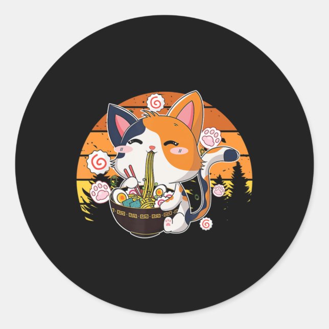 Kawaii Ramen Cat Anime Japanischer Neko Noodle Fun Runder Aufkleber (Vorderseite)