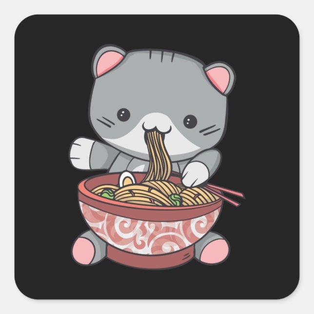 Kawaii Ramen Kat-Nudelschale mit Chock-Sticks Quadratischer Aufkleber (Vorderseite)