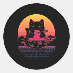 Kawaii Ramen Neko Retro Katze Japanisches Noodle A Runder Aufkleber