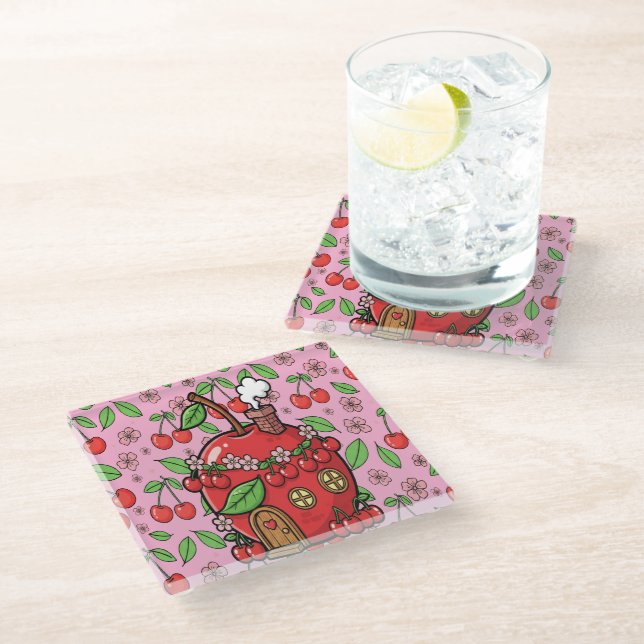Kawaii Red Cherry Vibes Cute Girly Aesthetic Glasuntersetzer (Schrägansicht)