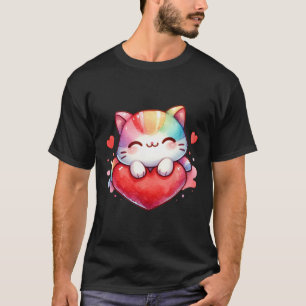 Kawaii Regenbogen Süße Katze Umarmen Herz Kätzchen T-Shirt