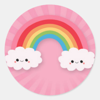 Kawaii Regenbogen und Wolken auf rosa Sternexplosi Runder Aufkleber