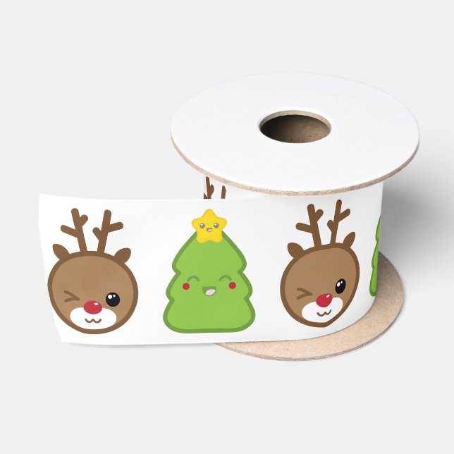 Kawaii Reindeer & Christmas Tree Ribbon Satinband (Spule)