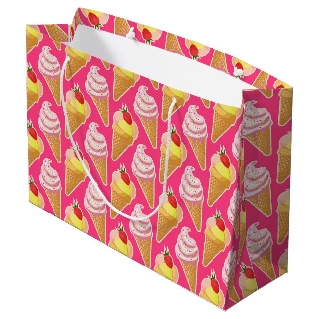 Kawaii-rosa Muster mit Erdbeereis Große Geschenktüte (Rückseite Schrägansicht)