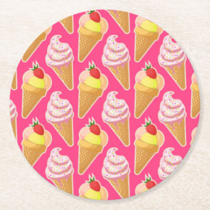 Kawaii-rosa Muster mit Erdbeereis Runder Pappuntersetzer