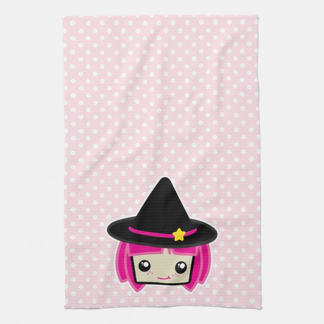 Kawaii rose Haired Witch serviette de cuisine (Vertical)