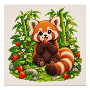 Kawaii Roter Panda Erdbeer Garten Glänzendes Poste Poster