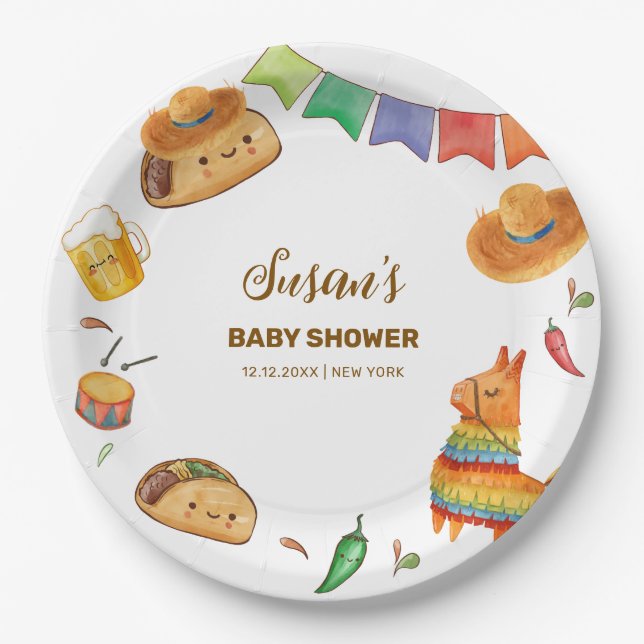 Kawaii Rustic Fiesta Taco Bout Eine Babydusche Pappteller (Vorderseite)