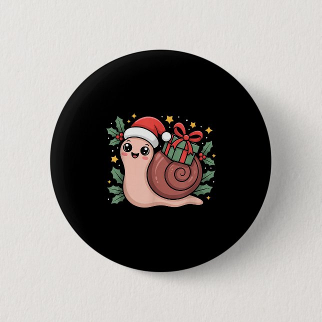 Kawaii Santa Snail With Wrapped Box And Holly Star Button (Vorderseite)