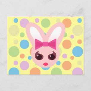 Kawaii Sassy Bunny Pink Bow & Mod Dots Postkarte