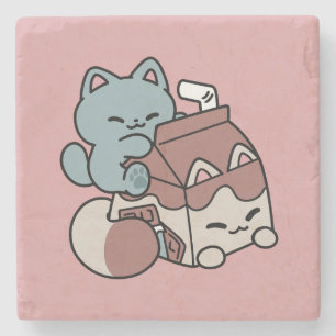 Kawaii Schokoladen Milch Katze – Cozy Getränk & Ni Steinuntersetzer