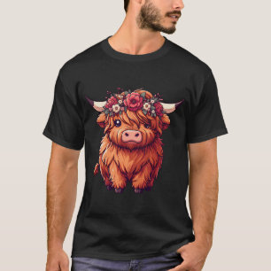 Kawaii-Schottland-Kuh mit Blume Crown T-Shirt