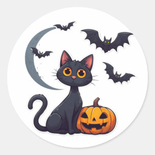 Kawaii Schwarze Katze und freundliche Fledermäuse Runder Aufkleber