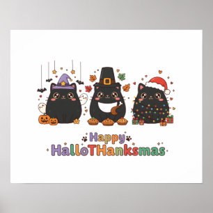 Kawaii Schwarze Katzen Glückliches HalloThanksmas  Poster