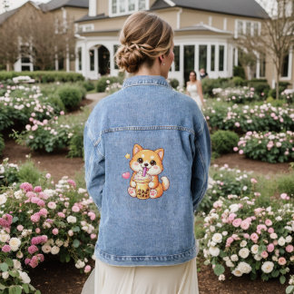 Kawaii Shiba Inu Drinking Bubble Tea Unisex Jeansjacke