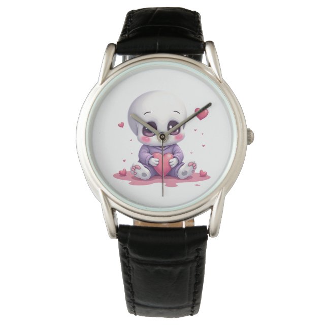 Kawaii Skeleton Holding Heart Armbanduhr (Vorderseite)