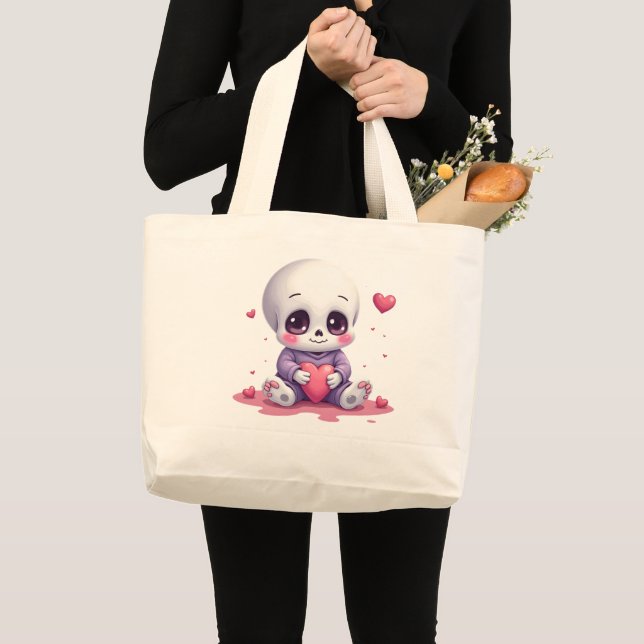 Kawaii Skeleton Holding Heart Jumbo Stoffbeutel (Vorderseite (Produkt))