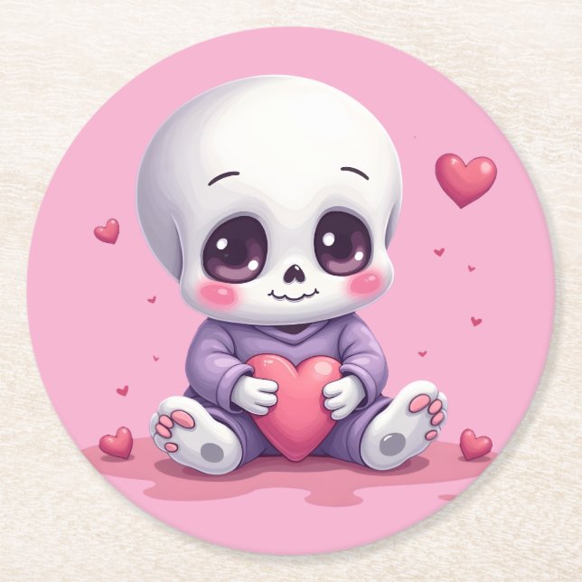 Kawaii Skeleton Holding Heart Runder Pappuntersetzer (Vorderseite)