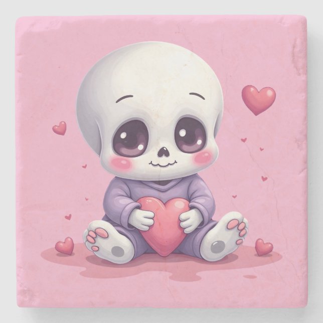 Kawaii Skeleton Holding Heart Steinuntersetzer (Vorderseite)