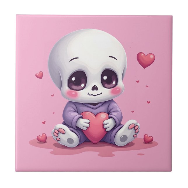 Kawaii-Skelett mit Herz Fliese (Vorderseite)