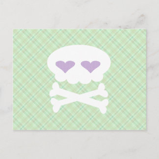 Kawaii Skull Crossbones auf Punky Green Kariert Postkarte