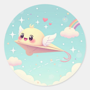 Kawaii Sky Flyer – Süßer Papierflugzeug-Freund Runder Aufkleber
